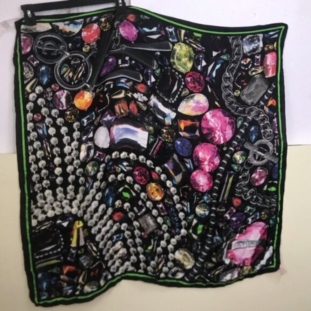 Juicy Couture 100% Silk Scarf Jewels Gems Graphic Print Square Shawl Wrap Pearls